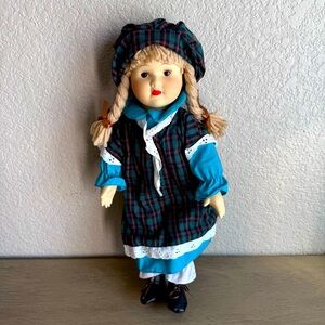 Vintage Porcelain Doll Girl Plaid Dress Bonnet Detailed Face Collectible Display